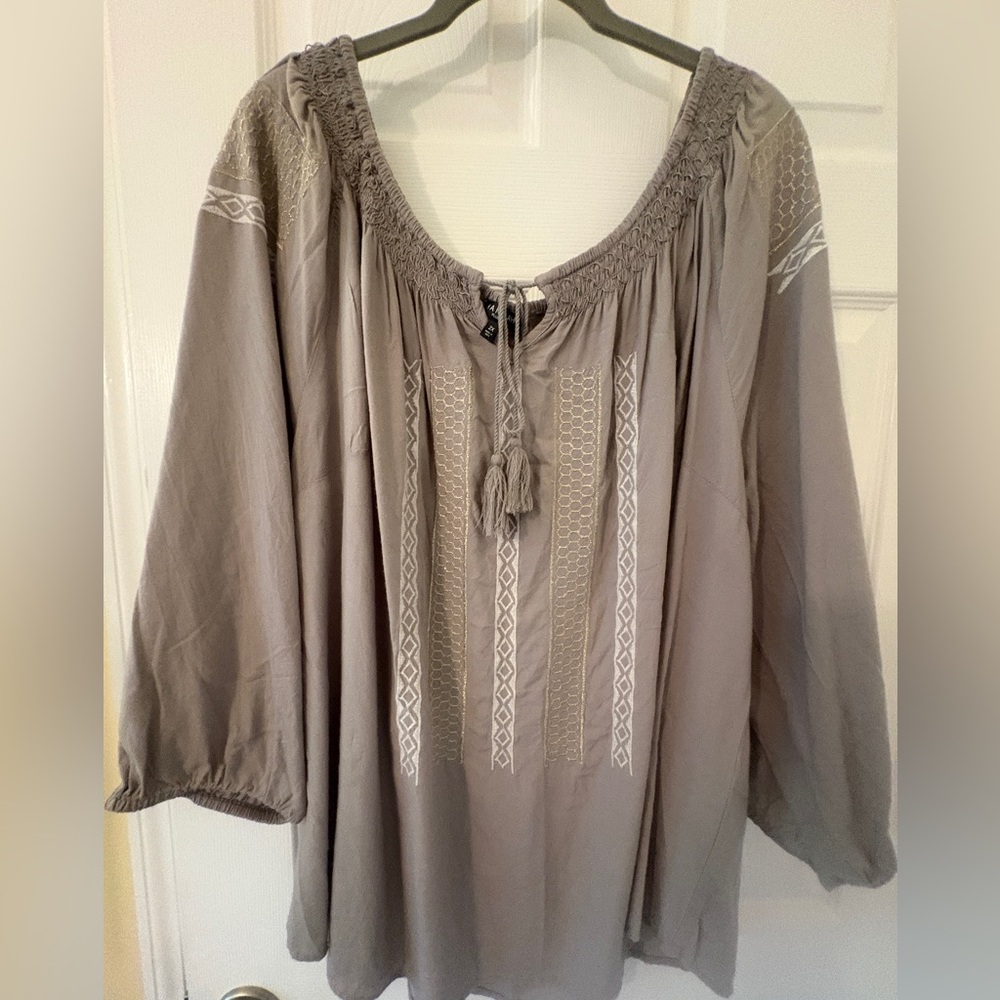 NWOT, Hannah Taupe Embroidered blouse. Sz. 2x